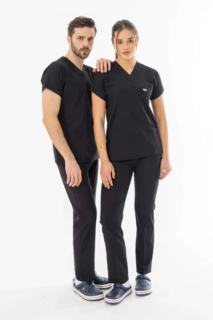 Likra Yarasa Kol Doktor Hemşire Forması Alt Üst Takım Siyah (LYRS1002)