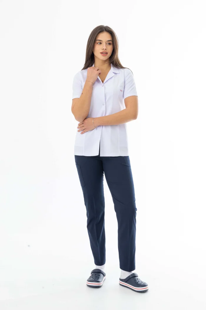 Spor Yaka Kısa Kol Kadın Doktor Önlüğü Alpaka Kumaş Beyaz (BKO009)