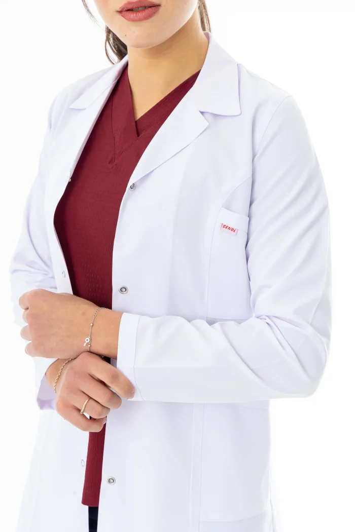 Spor Yaka Orta Boy Kadın Doktor Önlüğü Alpaka Kumaş Beyaz (BKO006)