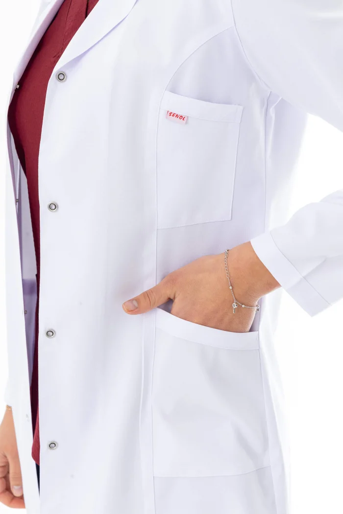 Spor Yaka Orta Boy Kadın Doktor Önlüğü Alpaka Kumaş Beyaz (BKO006)