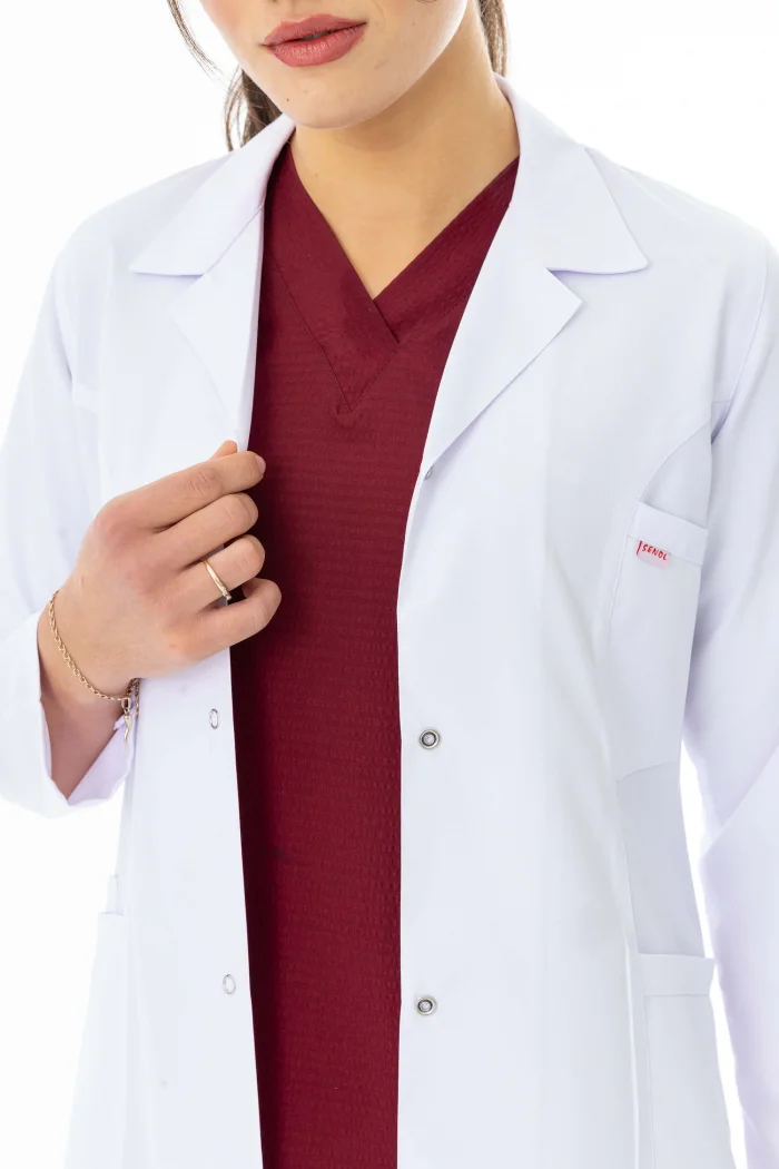 Spor Yaka Orta Boy Kadın Doktor Önlüğü Alpaka Kumaş Beyaz (BKO006)