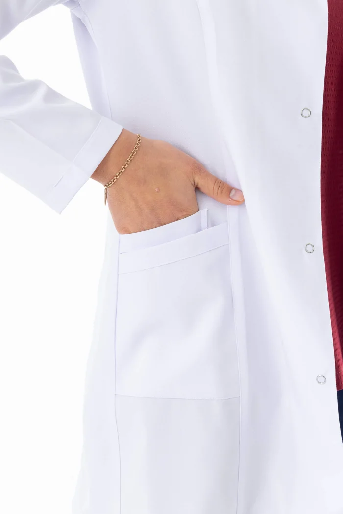 Spor Yaka Orta Boy Kadın Doktor Önlüğü Alpaka Kumaş Beyaz (BKO006)