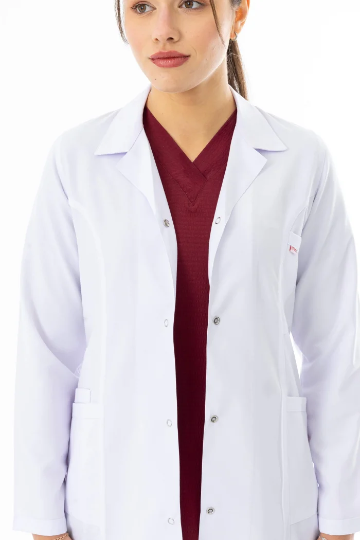 Spor Yaka Orta Boy Kadın Doktor Önlüğü Alpaka Kumaş Beyaz (BKO006)