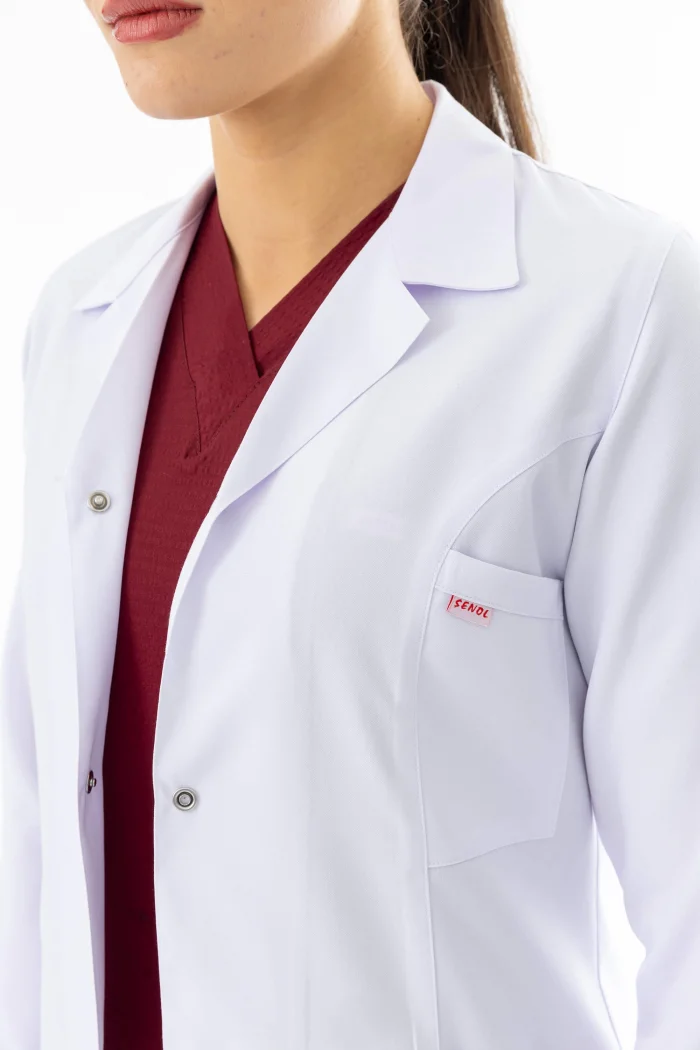 Spor Yaka Orta Boy Kadın Doktor Önlüğü Alpaka Kumaş Beyaz (BKO006)