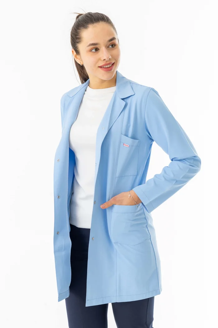 Spor Yaka Uzun Kol Kadın Personel Önlüğü Alpaka Kumaş Açık Mavi (RNK0110)