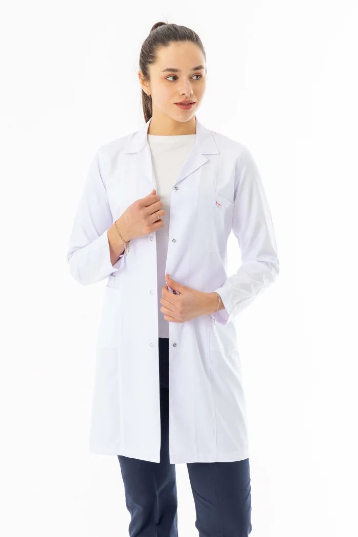 Spor Yaka Uzun Kol Kadın Doktor Önlüğü Alpaka Kumaş Beyaz (RNKO101)