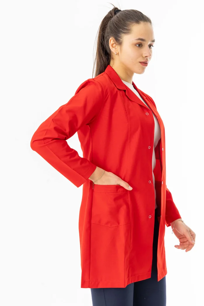 Spor Yaka Uzun Kol Kadın Personel Önlüğü Alpaka Kumaş Kırmızı (RNK104)