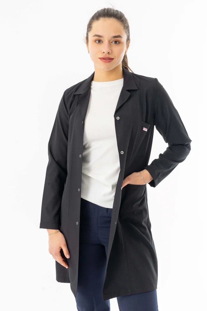 Spor Yaka Uzun Kol Kadın Personel Önlüğü Alpaka Kumaş Siyah (RNK102)