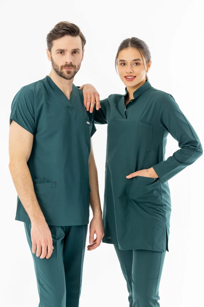Terikoton Uzun Kol Doktor Hemşire Forması Alt Üst Takım Avcı Yeşili (TTST0004)