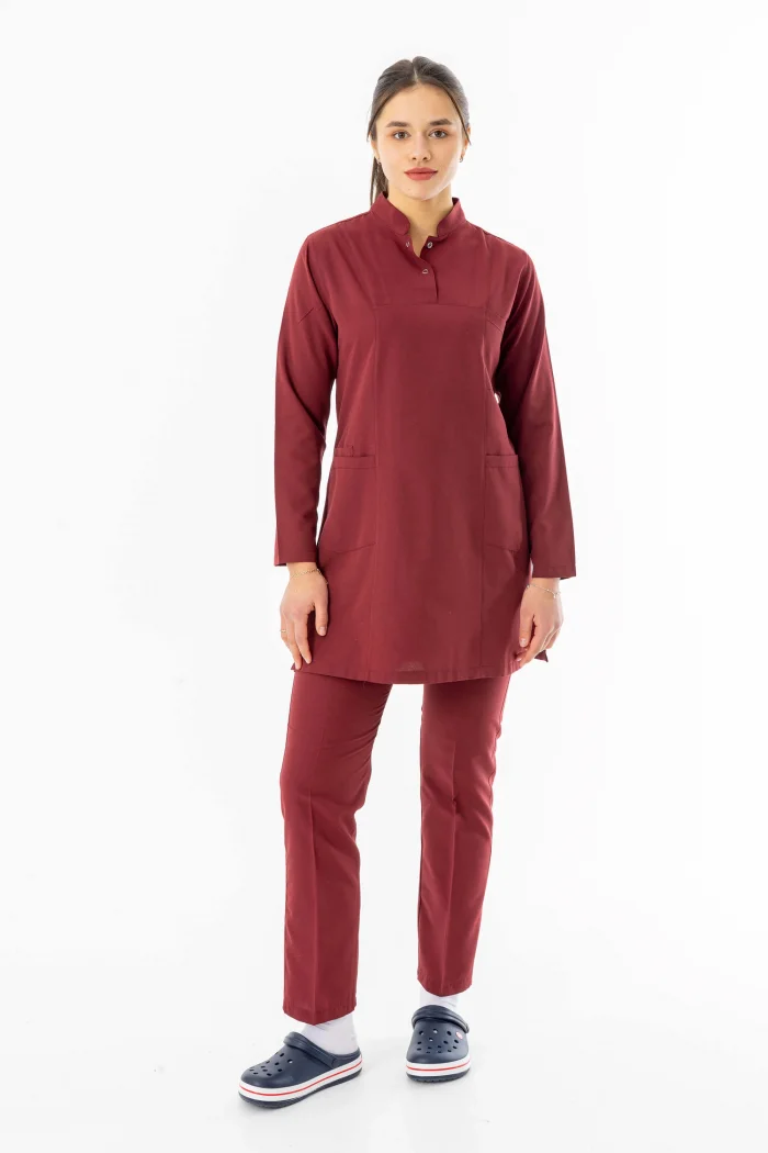 Terikoton Uzun Kol Doktor Hemşire Forması Alt Üst Takım Bordo (TTST0003)