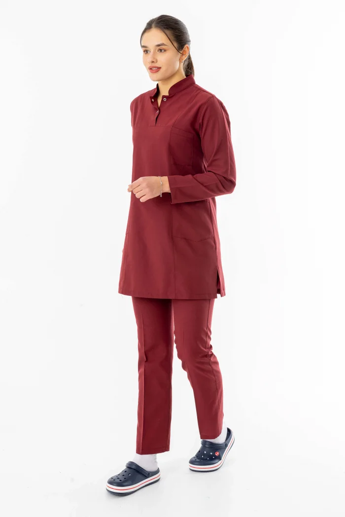 Terikoton Uzun Kol Doktor Hemşire Forması Alt Üst Takım Bordo (TTST0003)