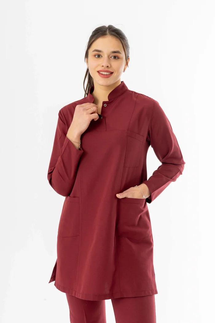 Terikoton Uzun Kol Doktor Hemşire Forması Alt Üst Takım Bordo (TTST0003)
