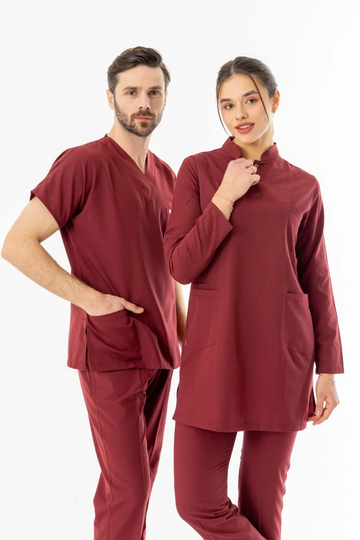 Terikoton Uzun Kol Doktor Hemşire Forması Alt Üst Takım Bordo (TTST0003)