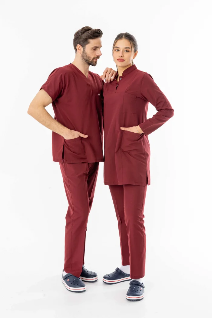 Terikoton Uzun Kol Doktor Hemşire Forması Alt Üst Takım Bordo (TTST0003)