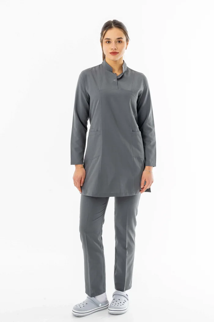 Terikoton Uzun Kol Doktor Hemşire Forması Alt Üst Takım Gri (TTST0008)