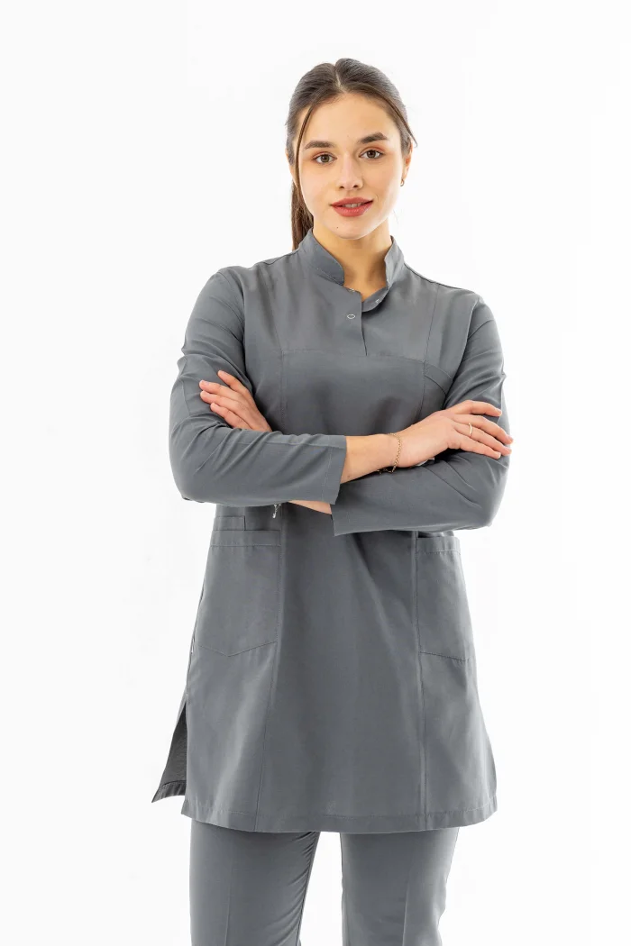 Terikoton Uzun Kol Doktor Hemşire Forması Alt Üst Takım Gri (TTST0008)
