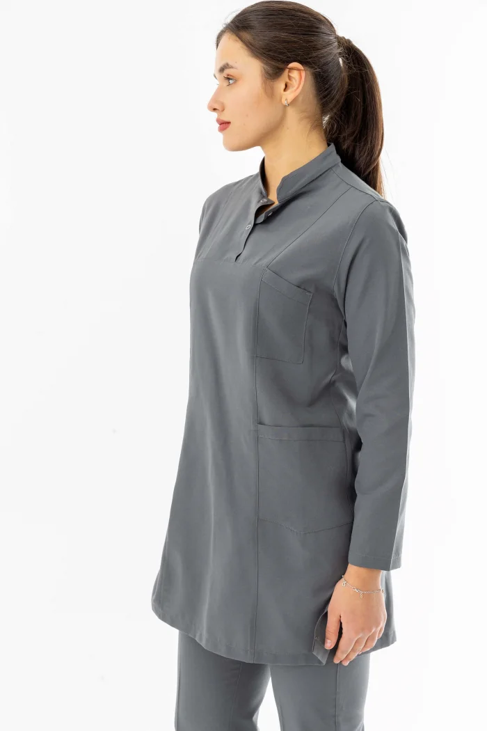 Terikoton Uzun Kol Doktor Hemşire Forması Alt Üst Takım Gri (TTST0008)