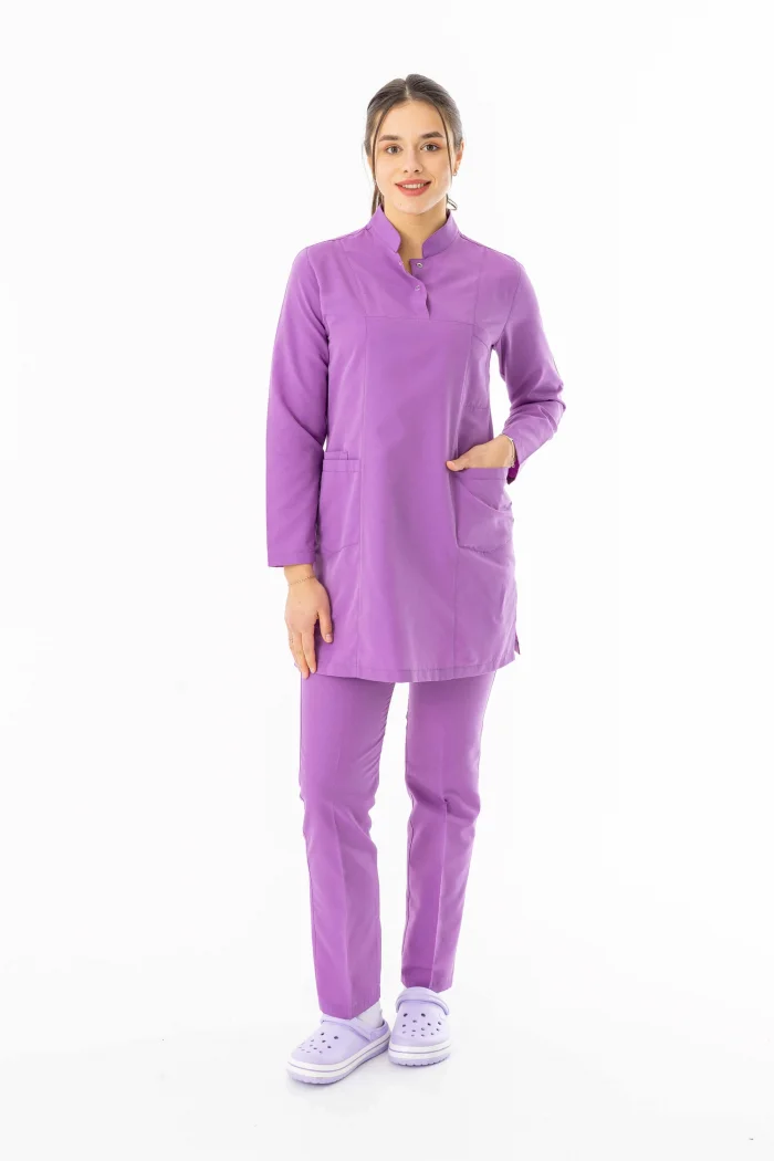 Terikoton Uzun Kol Doktor Hemşire Forması Alt Üst Takım Koyu Lila (TTST0009)