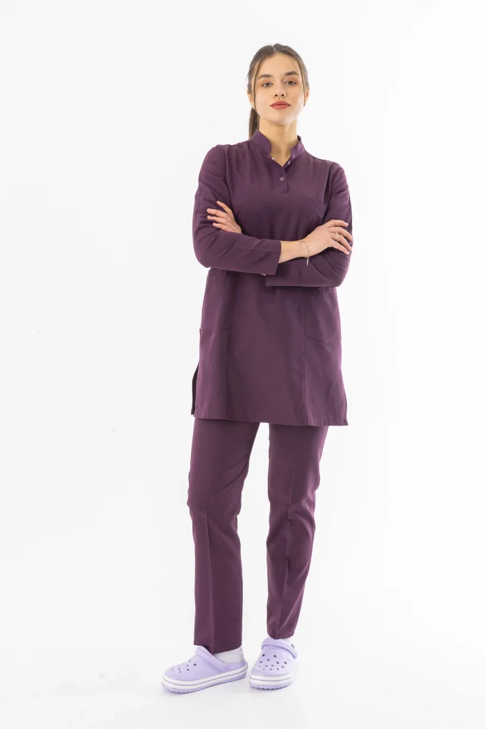 Terikoton Uzun Kol Doktor Hemşire Forması Alt Üst Takım Mürdüm (TTST0005)