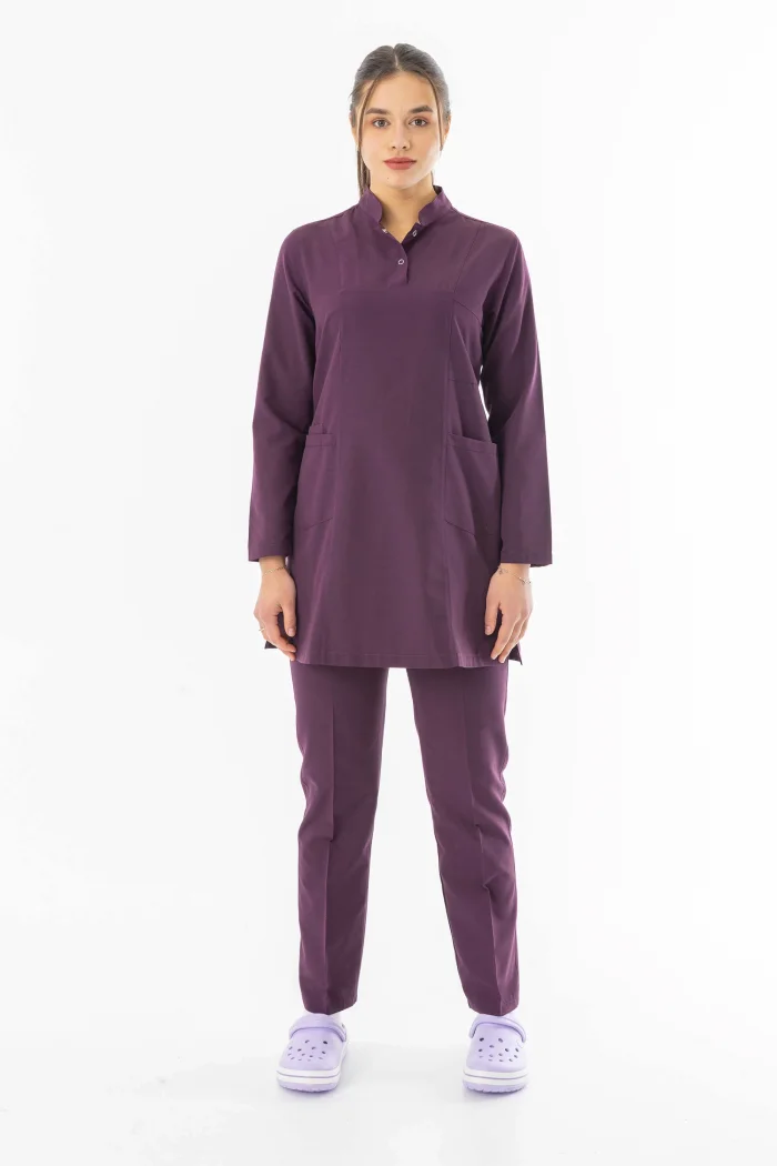 Terikoton Uzun Kol Doktor Hemşire Forması Alt Üst Takım Mürdüm (TTST0005)