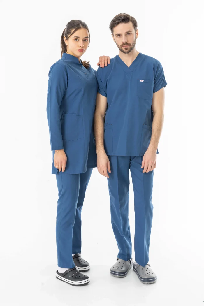 Terikoton Uzun Kol Doktor Hemşire Forması Alt Üst Takım Petrol Mavisi (TTST0006)
