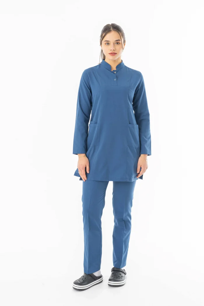 Terikoton Uzun Kol Doktor Hemşire Forması Alt Üst Takım Petrol Mavisi (TTST0006)