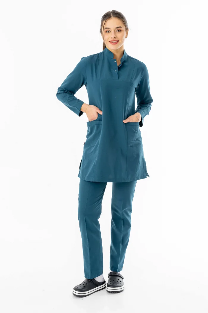 Terikoton Uzun Kol Doktor Hemşire Forması Alt Üst Takım Petrol Yeşili (TTST0007)