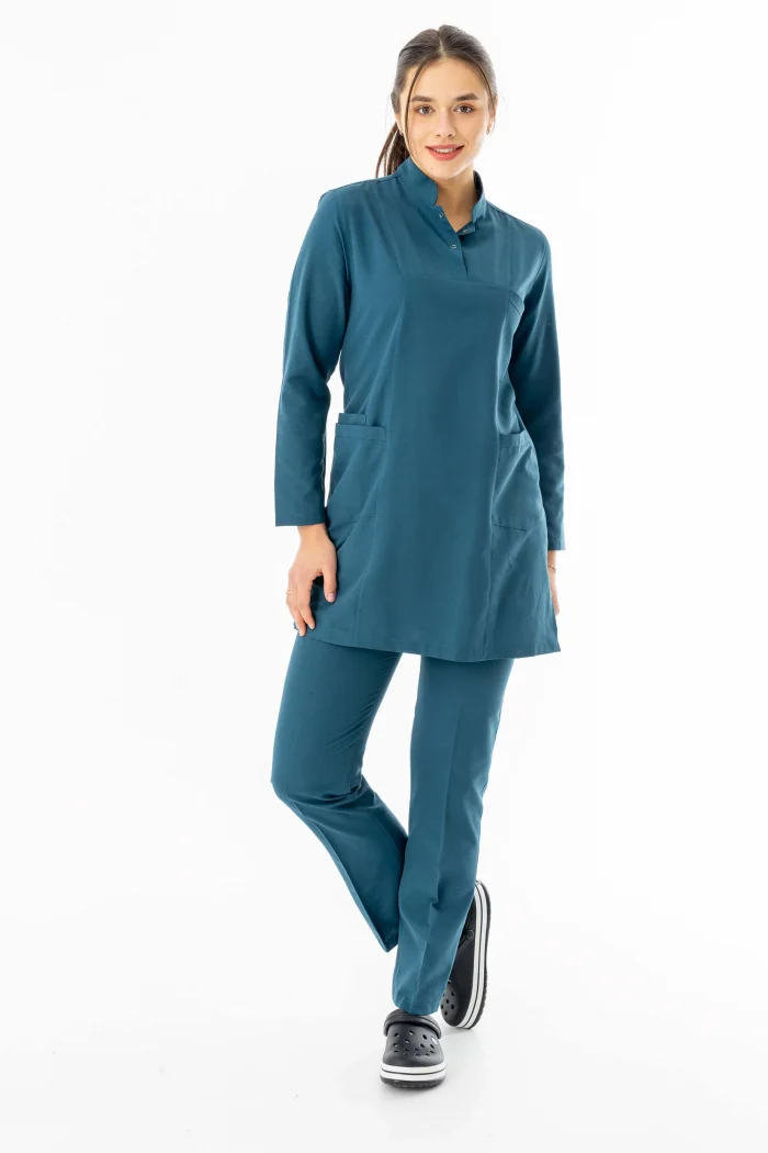 Terikoton Uzun Kol Doktor Hemşire Forması Alt Üst Takım Petrol Yeşili (TTST0007)