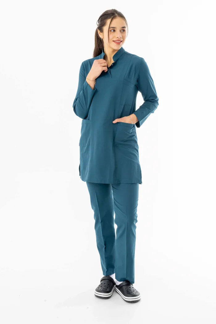 Terikoton Uzun Kol Doktor Hemşire Forması Alt Üst Takım Petrol Yeşili (TTST0007)