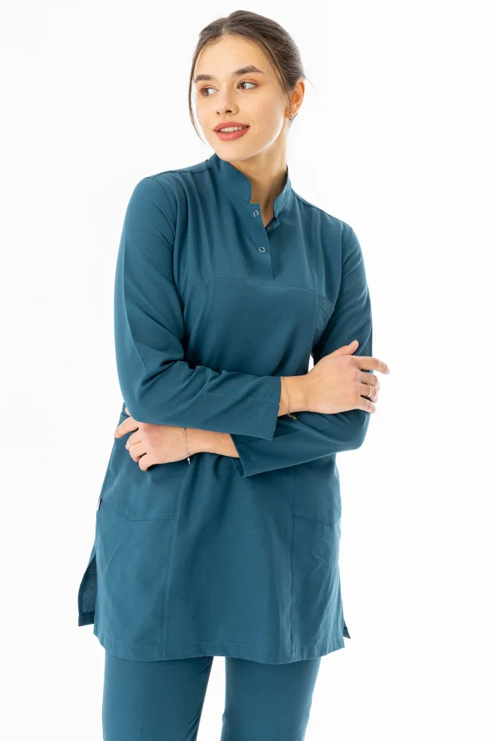 Terikoton Uzun Kol Doktor Hemşire Forması Alt Üst Takım Petrol Yeşili (TTST0007)