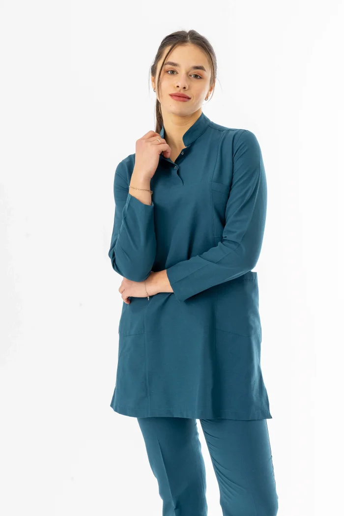 Terikoton Uzun Kol Doktor Hemşire Forması Alt Üst Takım Petrol Yeşili (TTST0007)