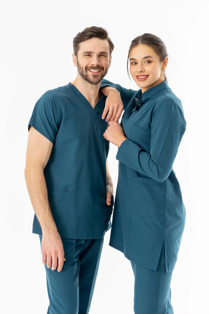 Terikoton Uzun Kol Doktor Hemşire Forması Alt Üst Takım Petrol Yeşili (TTST0007)