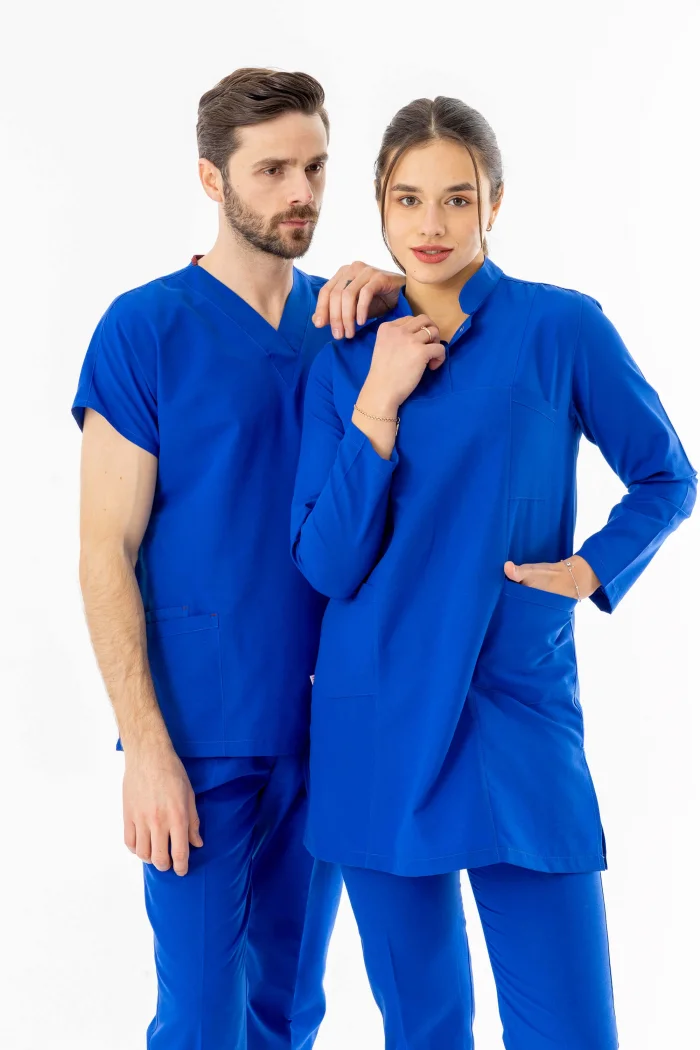 Terikoton Uzun Kol Doktor Hemşire Forması Alt Üst Takım Saks Mavisi (TTST00010)