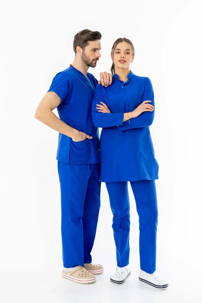 Terikoton Uzun Kol Doktor Hemşire Forması Alt Üst Takım Saks Mavisi (TTST00010)