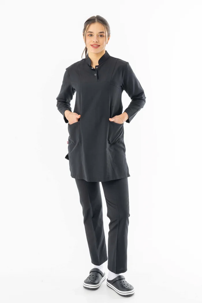 Terikoton Uzun Kol Doktor Hemşire Forması Alt Üst Takım Siyah (TTST0002)