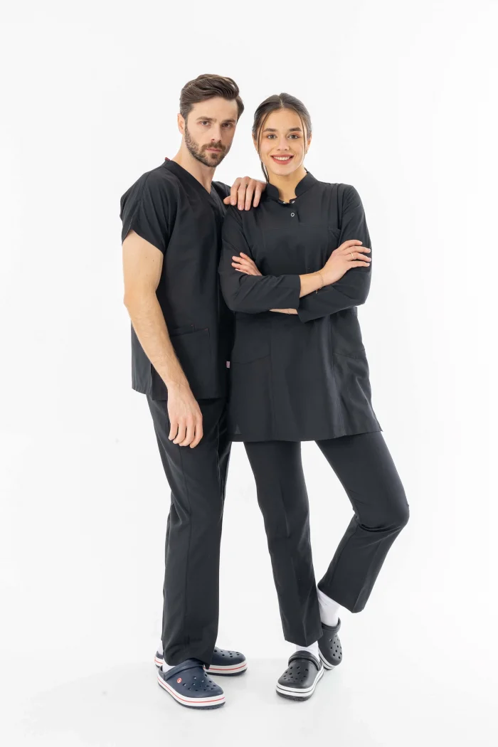 Terikoton Uzun Kol Doktor Hemşire Forması Alt Üst Takım Siyah (TTST0002)