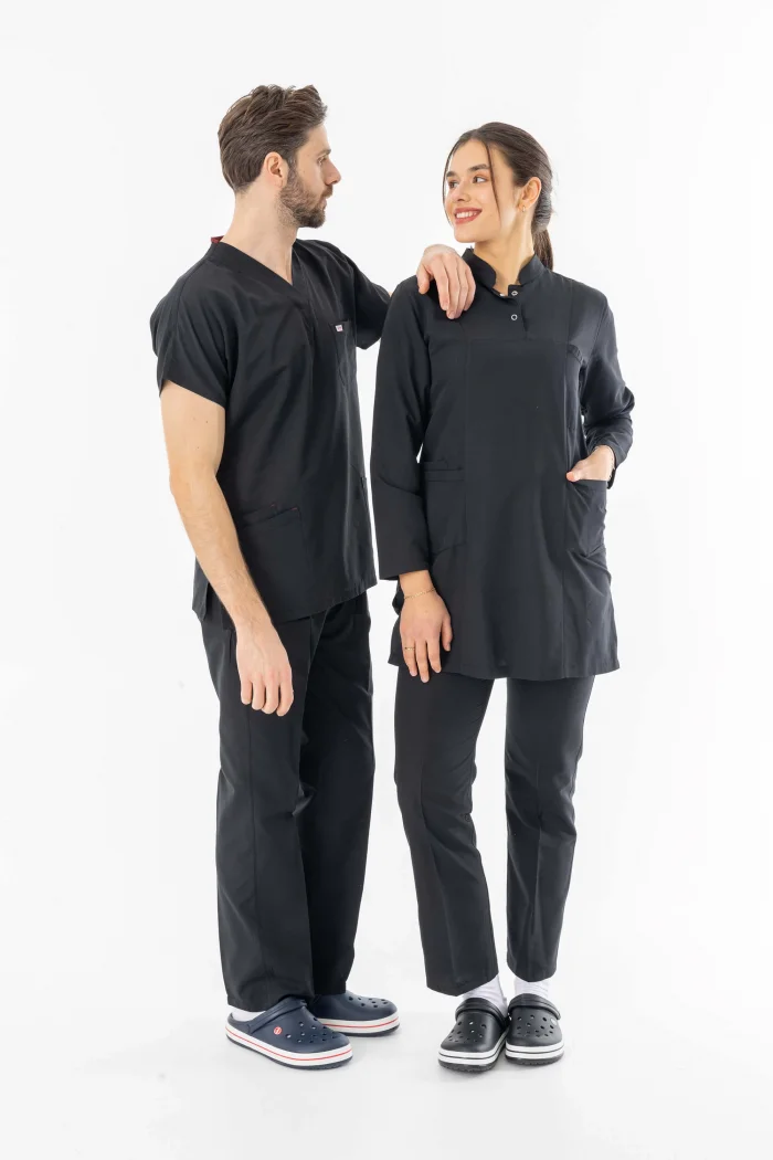 Terikoton Uzun Kol Doktor Hemşire Forması Alt Üst Takım Siyah (TTST0002)