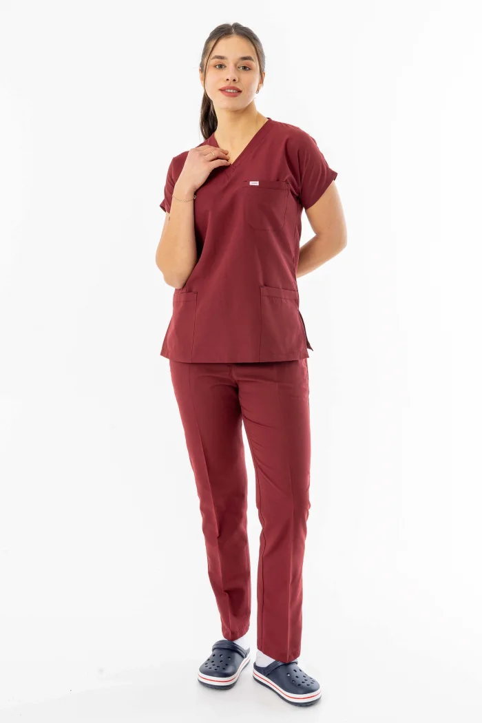 Terikoton Yarasa Kol Doktor Hemşire Forması Alt Üst Takım Bordo (TYRS0003)