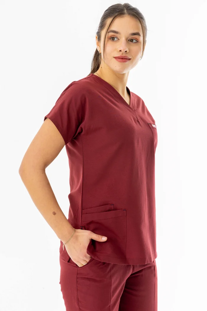 Terikoton Yarasa Kol Doktor Hemşire Forması Alt Üst Takım Bordo (TYRS0003)