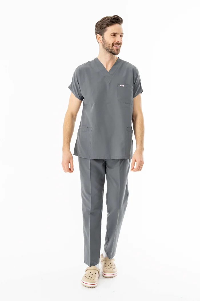 Terikoton Yarasa Kol Doktor Hemşire Forması Alt Üst Takım Gri (TYRS0006)