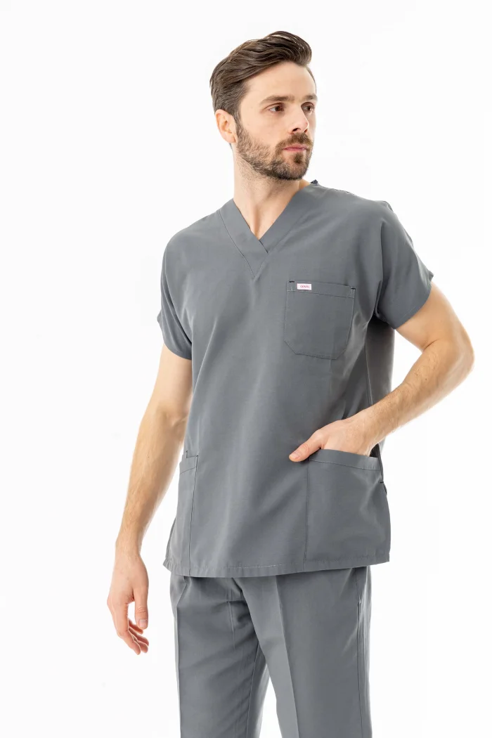 Terikoton Yarasa Kol Doktor Hemşire Forması Alt Üst Takım Gri (TYRS0006)