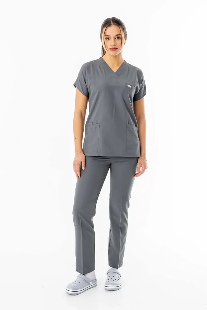 Terikoton Yarasa Kol Doktor Hemşire Forması Alt Üst Takım Gri (TYRS0006)