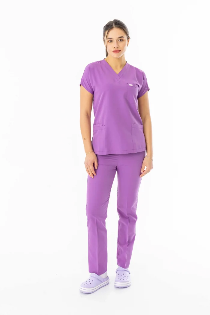 Terikoton Yarasa Kol Doktor Hemşire Forması Alt Üst Takım Koyu Lila (TYRS00013)