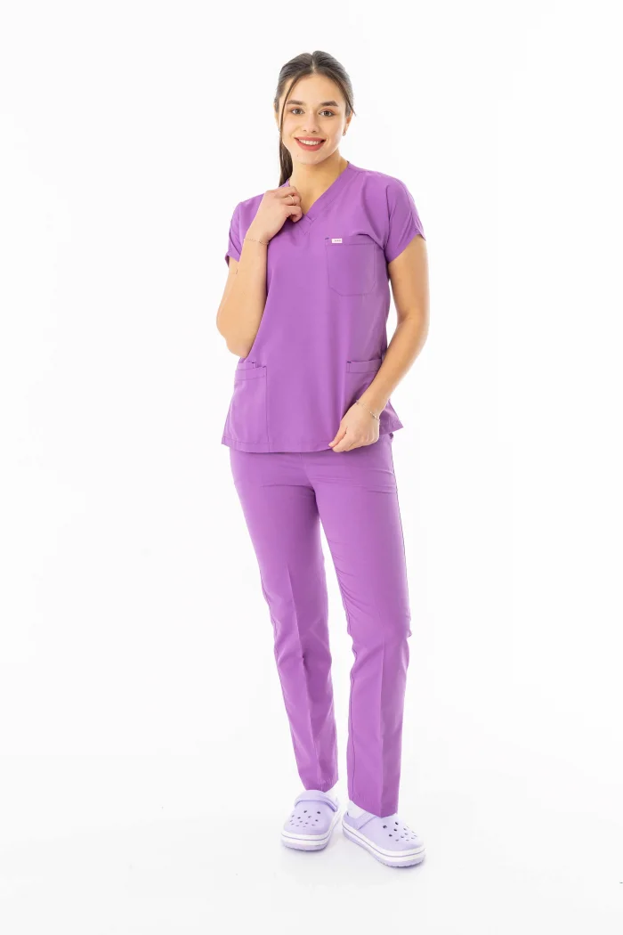 Terikoton Yarasa Kol Doktor Hemşire Forması Alt Üst Takım Koyu Lila (TYRS00013)