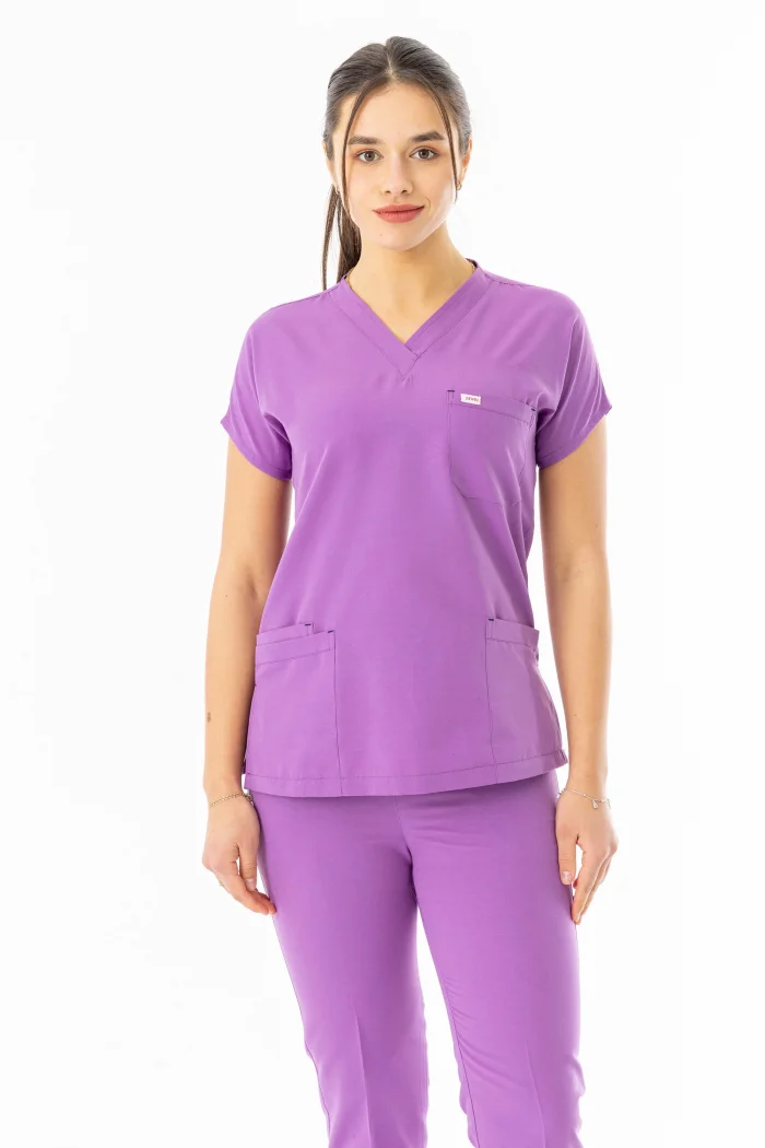 Terikoton Yarasa Kol Doktor Hemşire Forması Alt Üst Takım Koyu Lila (TYRS00013)