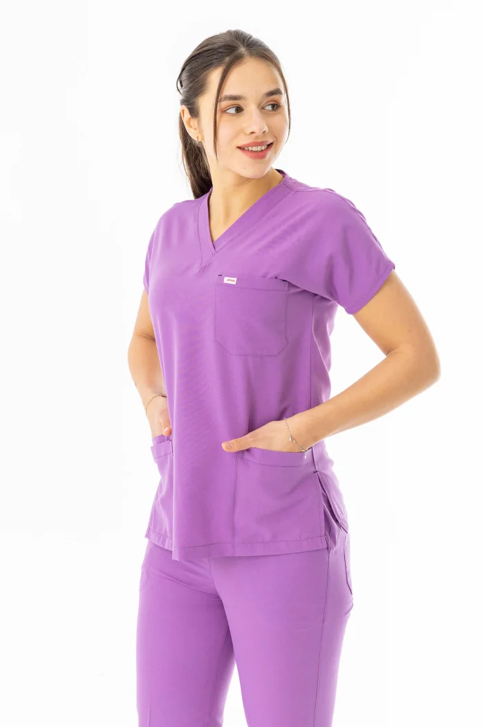 Terikoton Yarasa Kol Doktor Hemşire Forması Alt Üst Takım Koyu Lila (TYRS00013)