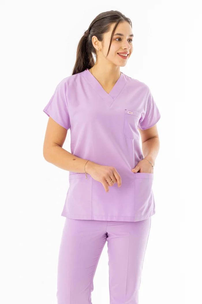 Terikoton Yarasa Kol Doktor Hemşire Forması Alt Üst Takım Lila (TYRS0008)