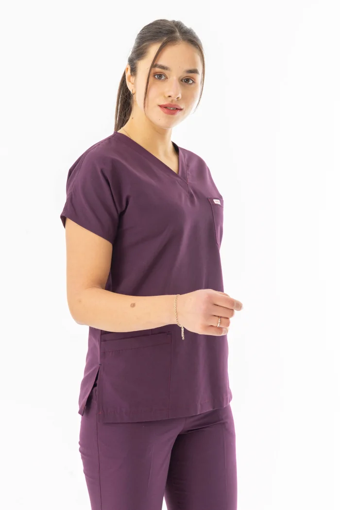 Terikoton Yarasa Kol Doktor Hemşire Forması Alt Üst Takım Mürdüm (TYRS0005)