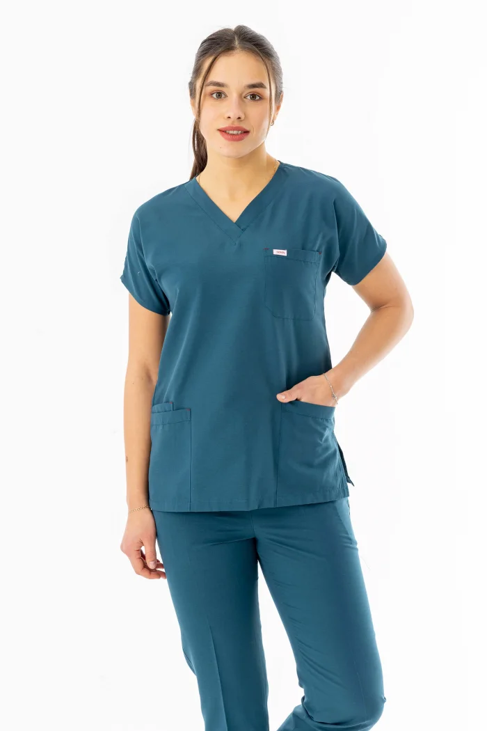 Terikoton Yarasa Kol Doktor Hemşire Forması Alt Üst Takım Petrol Yeşili (TYRS00010)