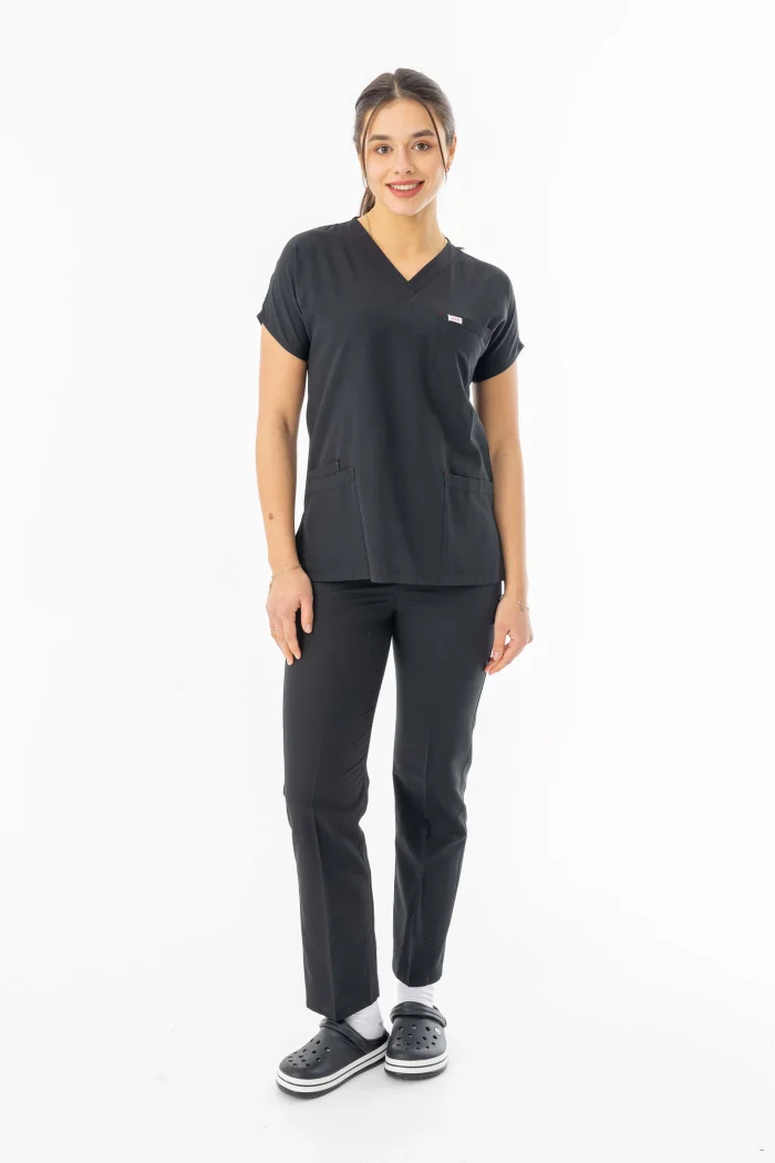 Terikoton Yarasa Kol Doktor Hemşire Forması Alt Üst Takım Siyah (TYRS0002)